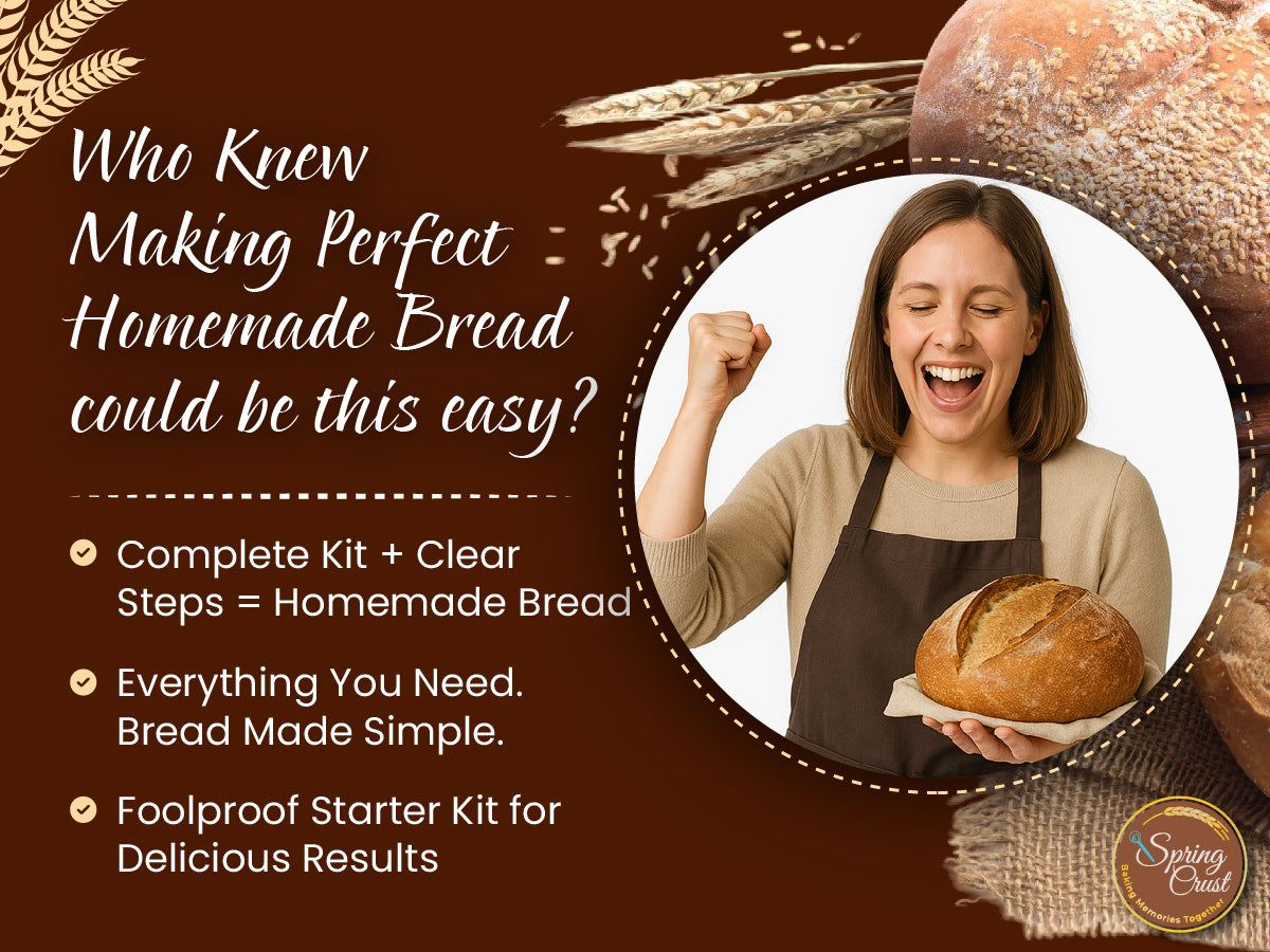 Promotional image for a homemade bread-making kit with a woman holding bread and text about the product.