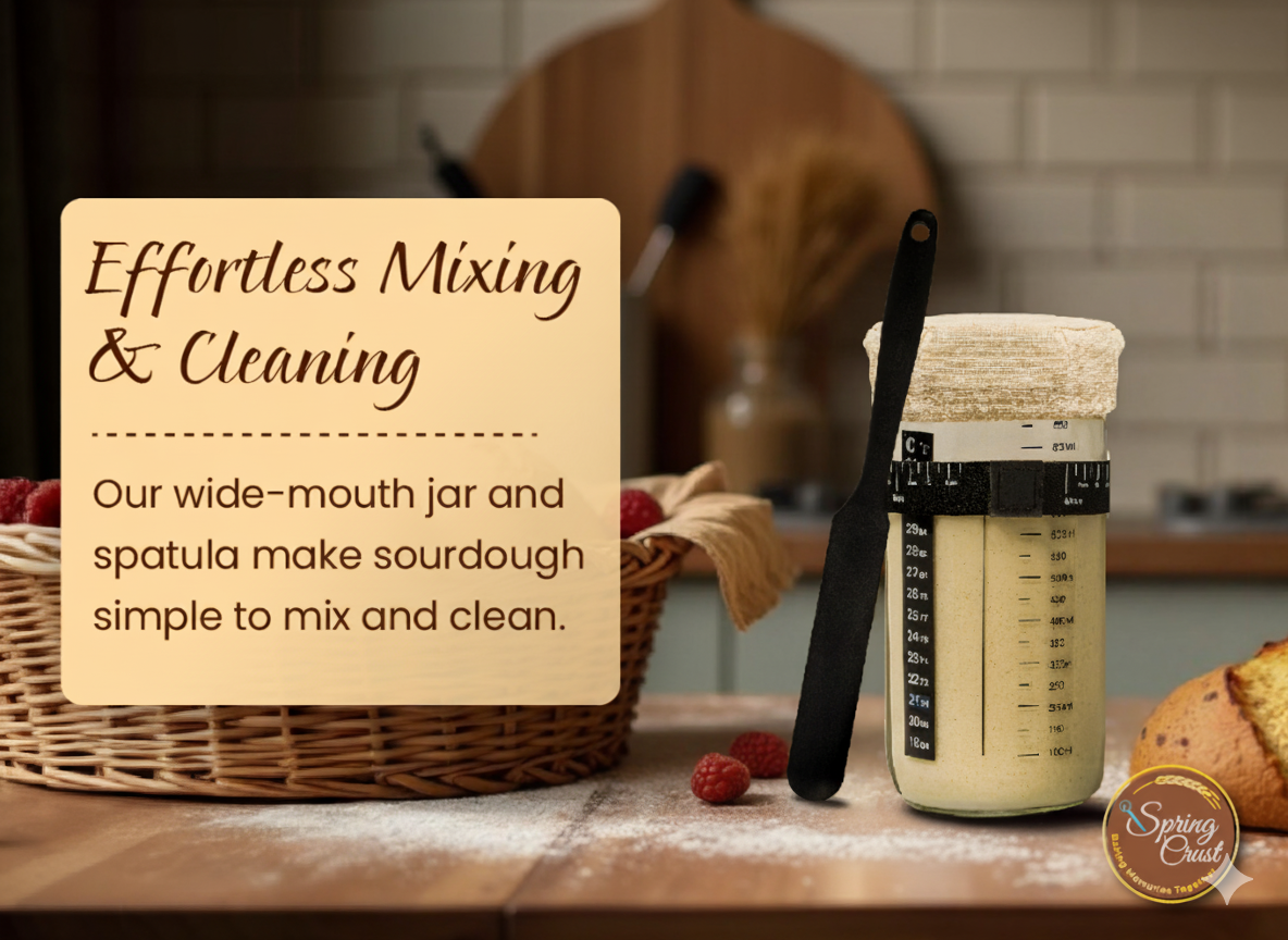 Sourdough mixing jar with spatula on a kitchen counter, featuring text about effortless mixing and cleaning.