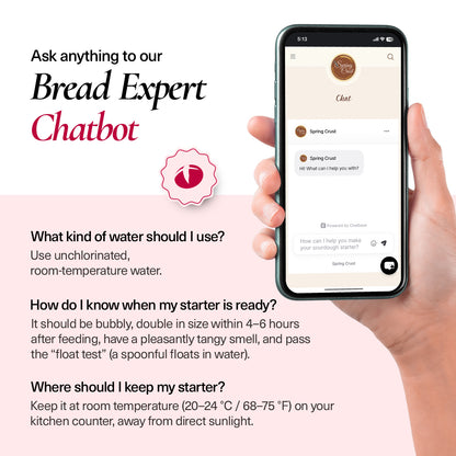 Hand holding a smartphone displaying a chatbot interface with text about baking questions.