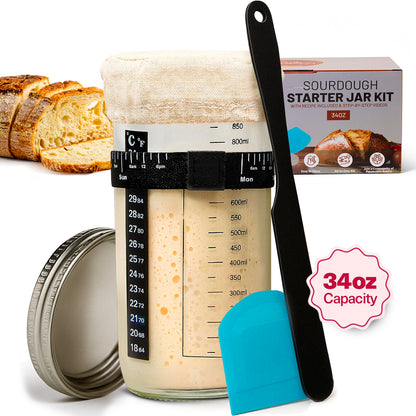Sourdough starter jar kit with measuring jar, spatula, and bread slices on a white background
